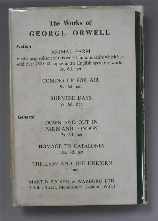 Orwell, George - Nineteen Eighty Four, 1st edition, 8vo, original green cloth, faded, in dj, London 1949